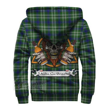 Haliburton Tartan Sherpa Hoodie with Family Crest and Bearded Skull Holding Bottles of Whiskey