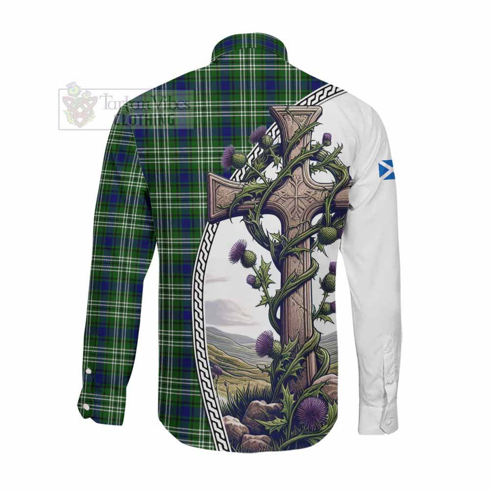 Tartan Vibes Clothing Haliburton Tartan Long Sleeve Button Shirt with Family Crest and St. Andrew's Cross Accented by Thistle Vines