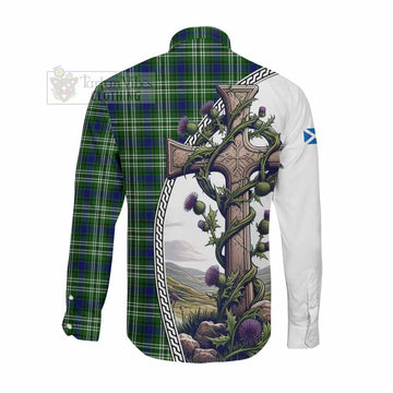 Haliburton Tartan Long Sleeve Button Shirt with Family Crest and St. Andrew's Cross Accented by Thistle Vines