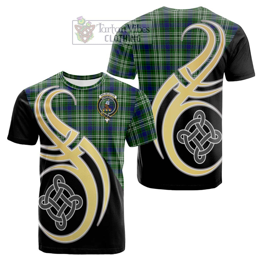 Tartan Vibes Clothing Haliburton Tartan Cotton T-shirt with Family Crest and Celtic Symbol Style