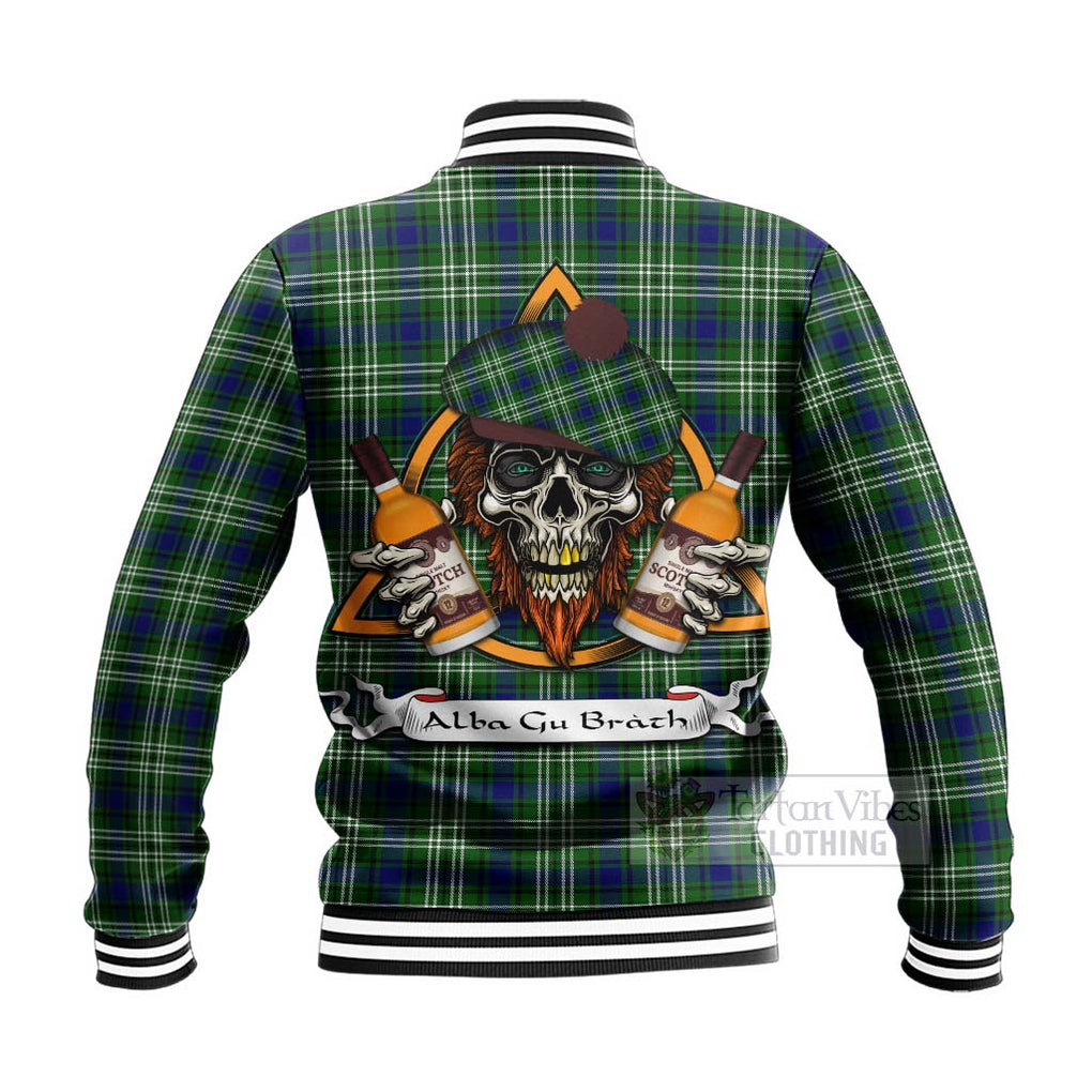 Tartan Vibes Clothing Haliburton Tartan Baseball Jacket with Family Crest and Bearded Skull Holding Bottles of Whiskey