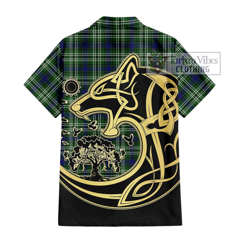 Haliburton Tartan Short Sleeve Button Shirt with Family Crest Celtic Wolf Style - Tartan Vibes Clothing