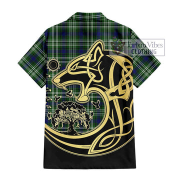 Haliburton Tartan Short Sleeve Button Shirt with Family Crest Celtic Wolf Style