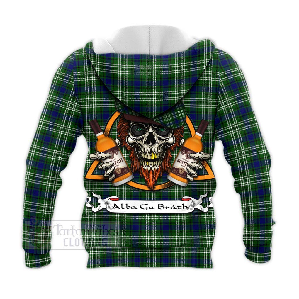 Tartan Vibes Clothing Haliburton Tartan Knitted Hoodie with Family Crest and Bearded Skull Holding Bottles of Whiskey