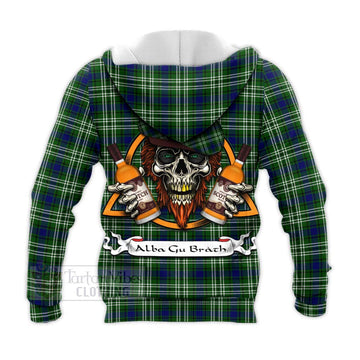 Haliburton Tartan Knitted Hoodie with Family Crest and Bearded Skull Holding Bottles of Whiskey