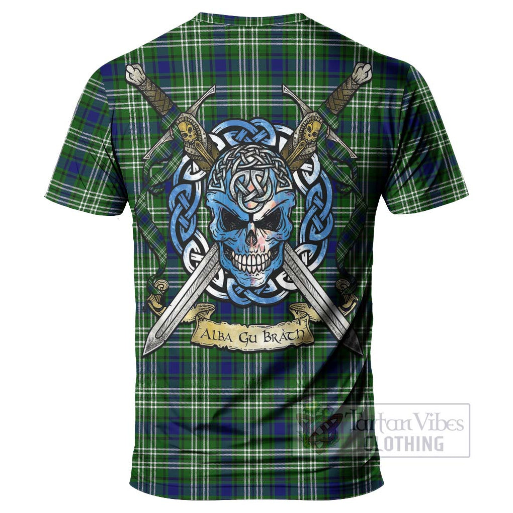 Tartan Vibes Clothing Haliburton Tartan T-Shirt with Family Crest Celtic Skull Style