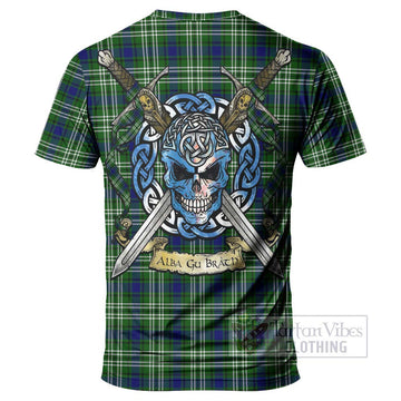 Haliburton Tartan T-Shirt with Family Crest Celtic Skull Style