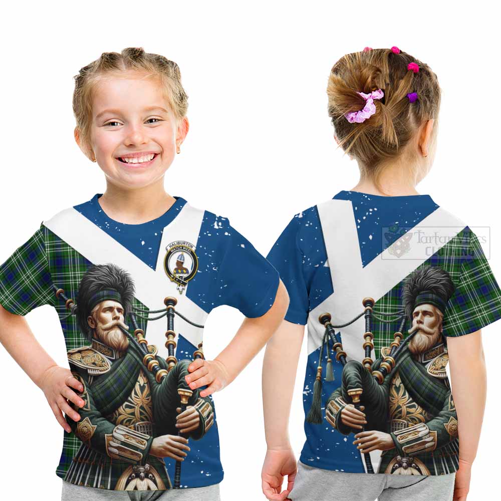 Tartan Vibes Clothing Haliburton Tartan Kid T-Shirt with Family Crest Scottish Bagpiper Vibes