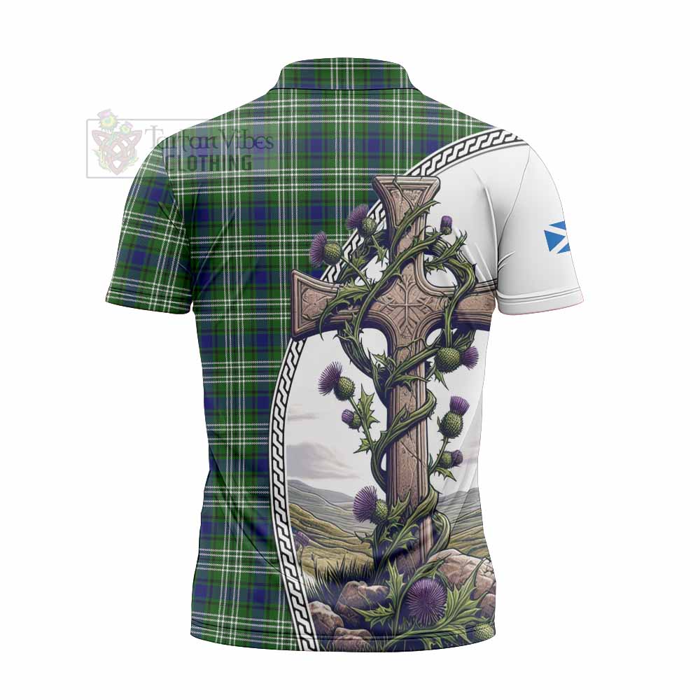 Tartan Vibes Clothing Haliburton Tartan Zipper Polo Shirt with Family Crest and St. Andrew's Cross Accented by Thistle Vines