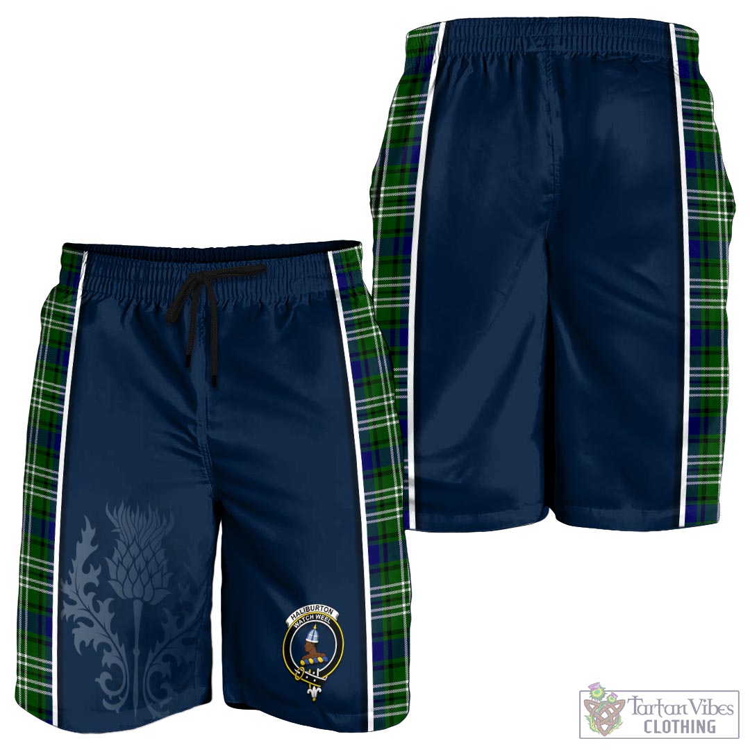 Tartan Vibes Clothing Haliburton Tartan Men's Shorts with Family Crest and Scottish Thistle Vibes Sport Style