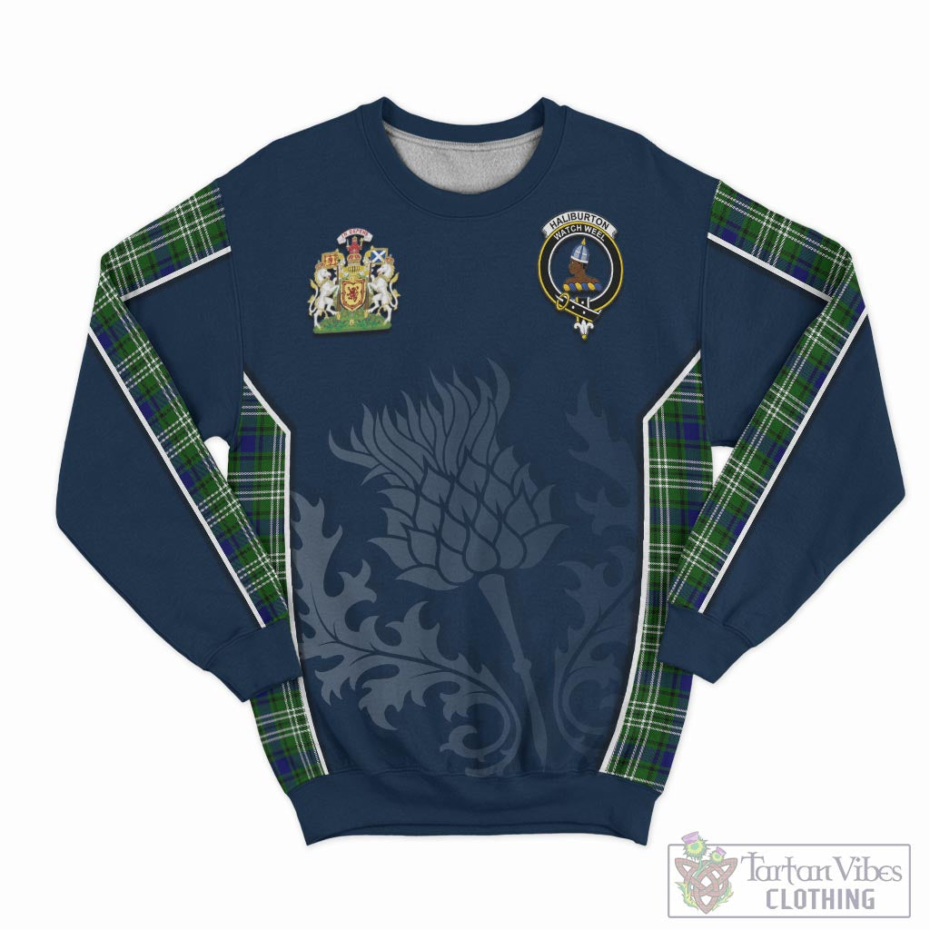 Tartan Vibes Clothing Haliburton Tartan Sweatshirt with Family Crest and Scottish Thistle Vibes Sport Style