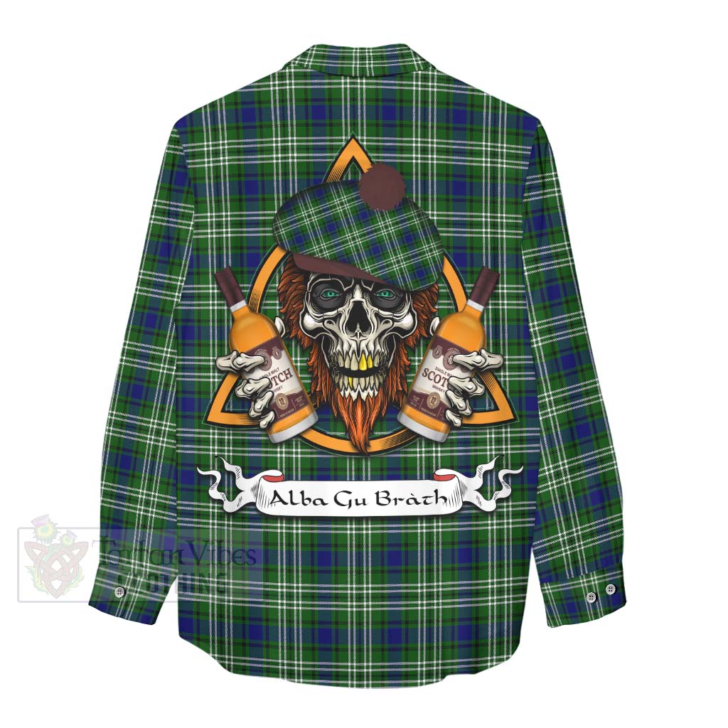 Tartan Vibes Clothing Haliburton Tartan Women's Casual Shirt with Family Crest and Bearded Skull Holding Bottles of Whiskey