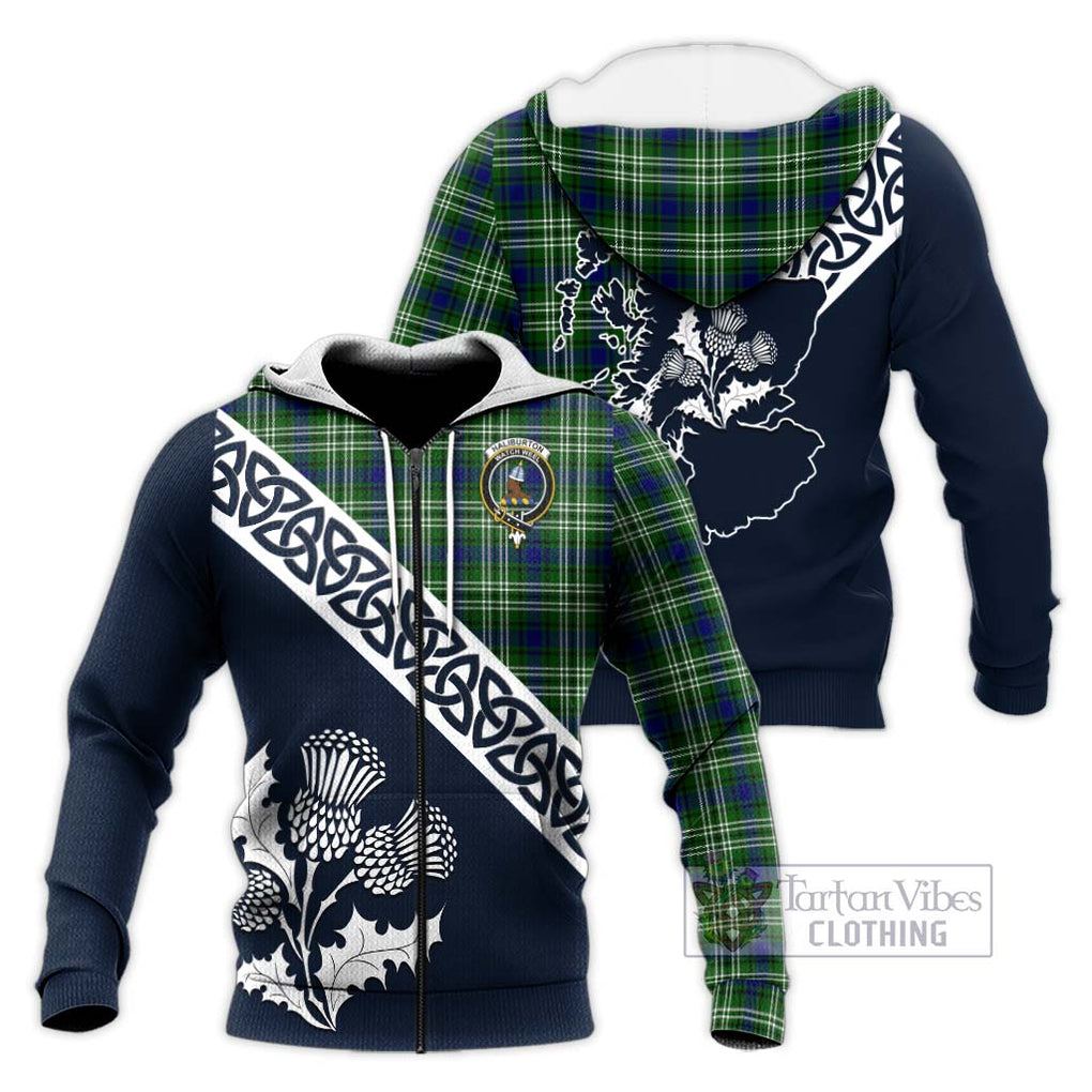 Tartan Vibes Clothing Haliburton Tartan Knitted Hoodie Featuring Thistle and Scotland Map