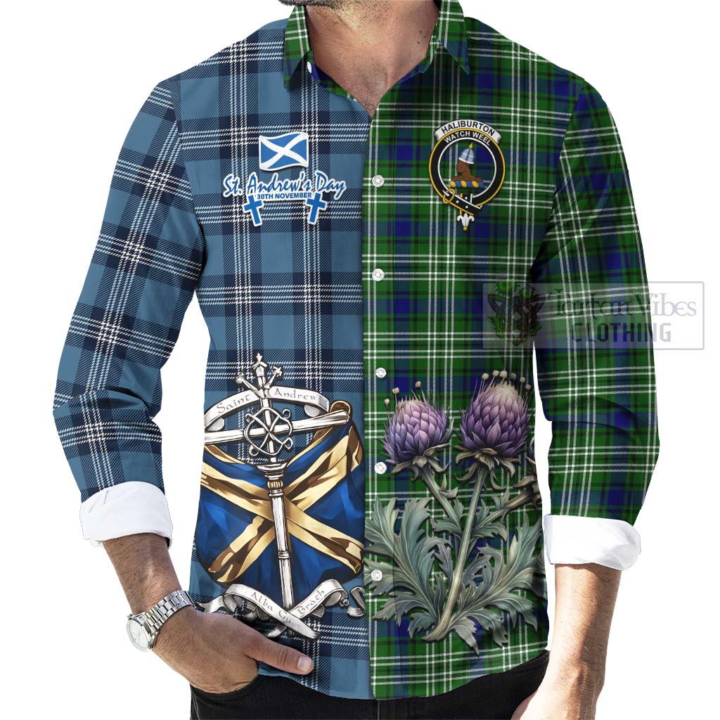 Tartan Vibes Clothing Haliburton Tartan Long Sleeve Button Shirt Happy St. Andrew's Day Half Tartan Style