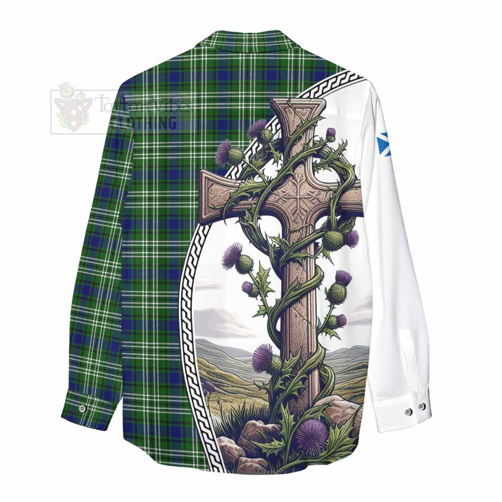 Tartan Vibes Clothing Haliburton Tartan Women's Casual Shirt with Family Crest and St. Andrew's Cross Accented by Thistle Vines