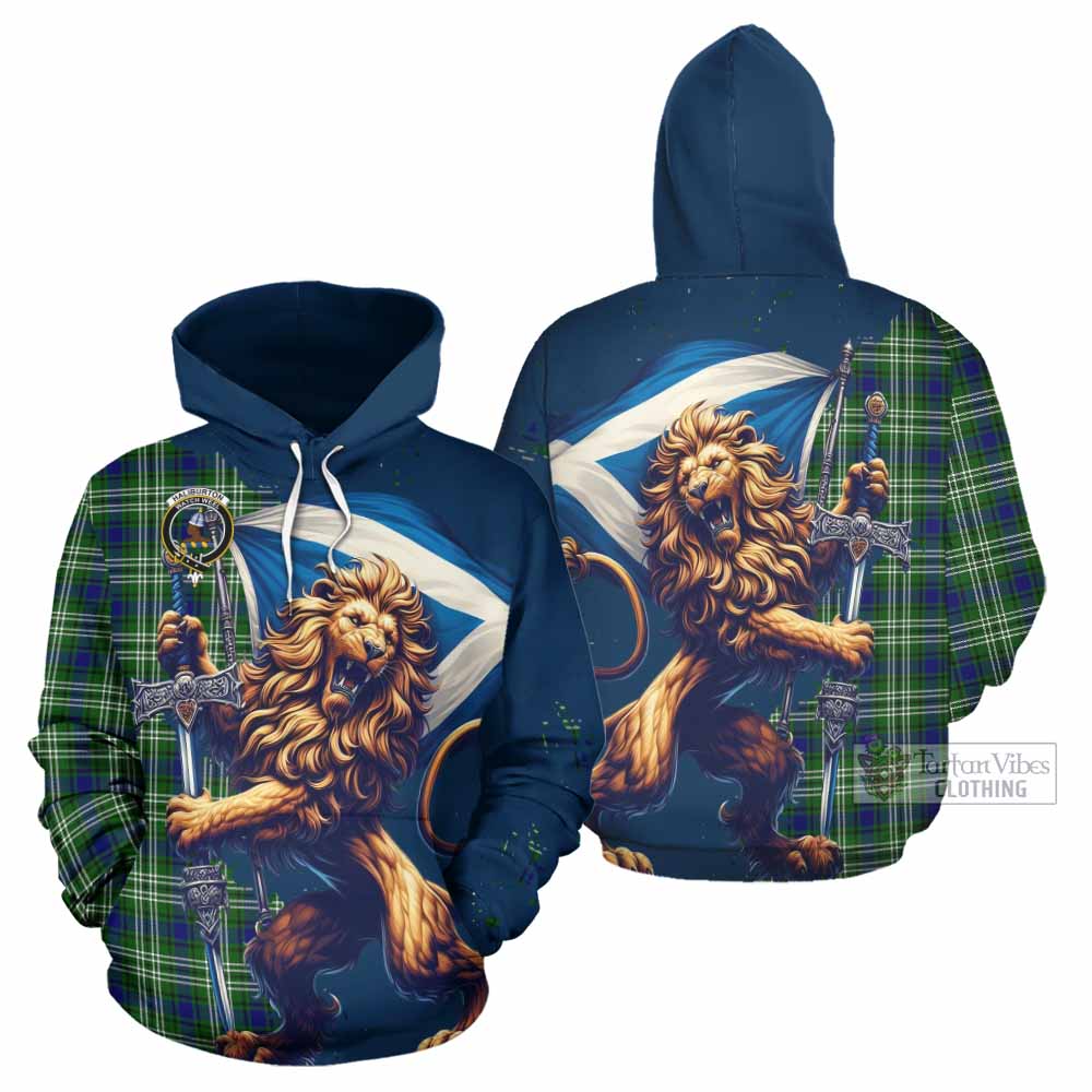 Haliburton Tartan Family Crest Hoodie with Scottish Majestic Lion