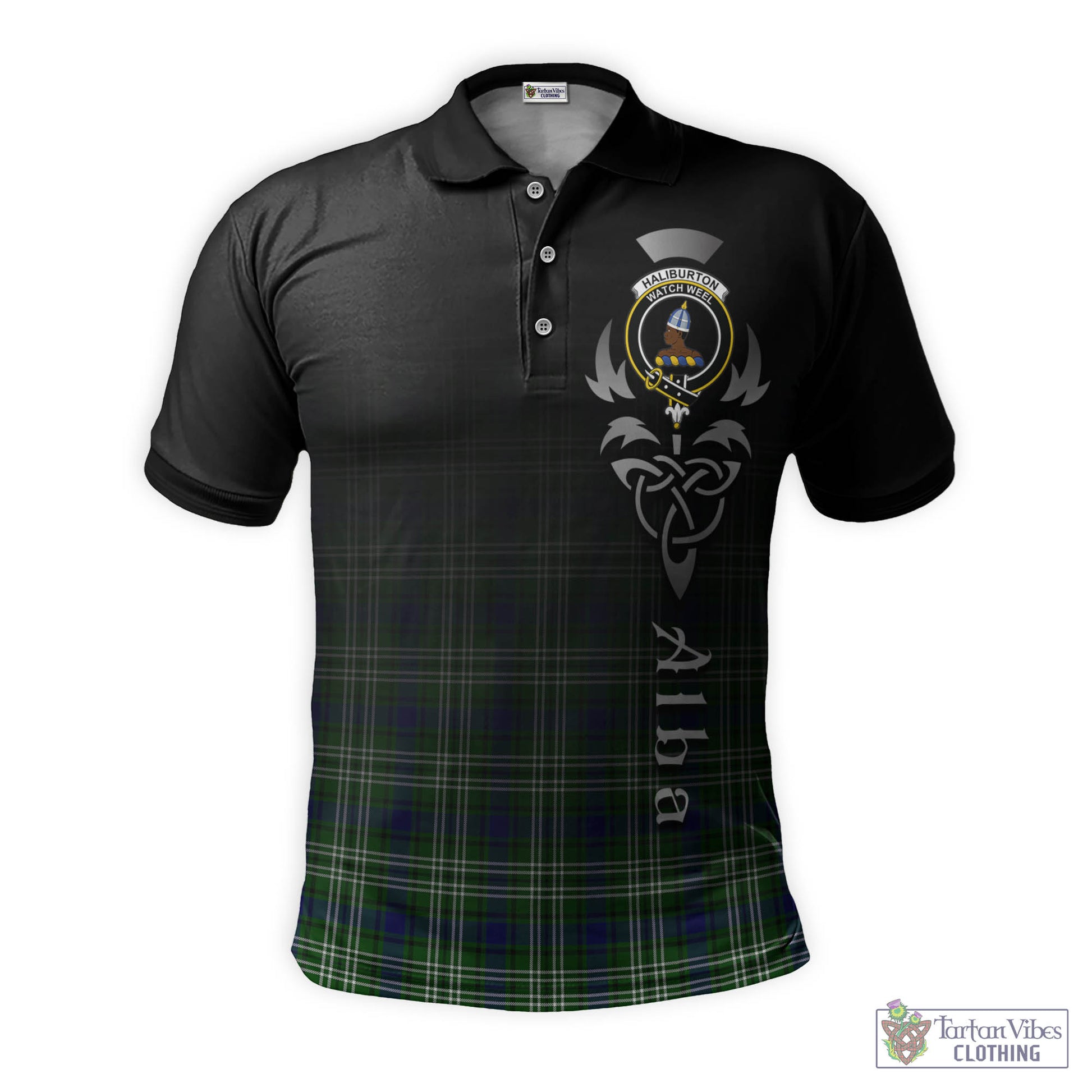 Tartan Vibes Clothing Haliburton Tartan Polo Shirt Featuring Alba Gu Brath Family Crest Celtic Inspired