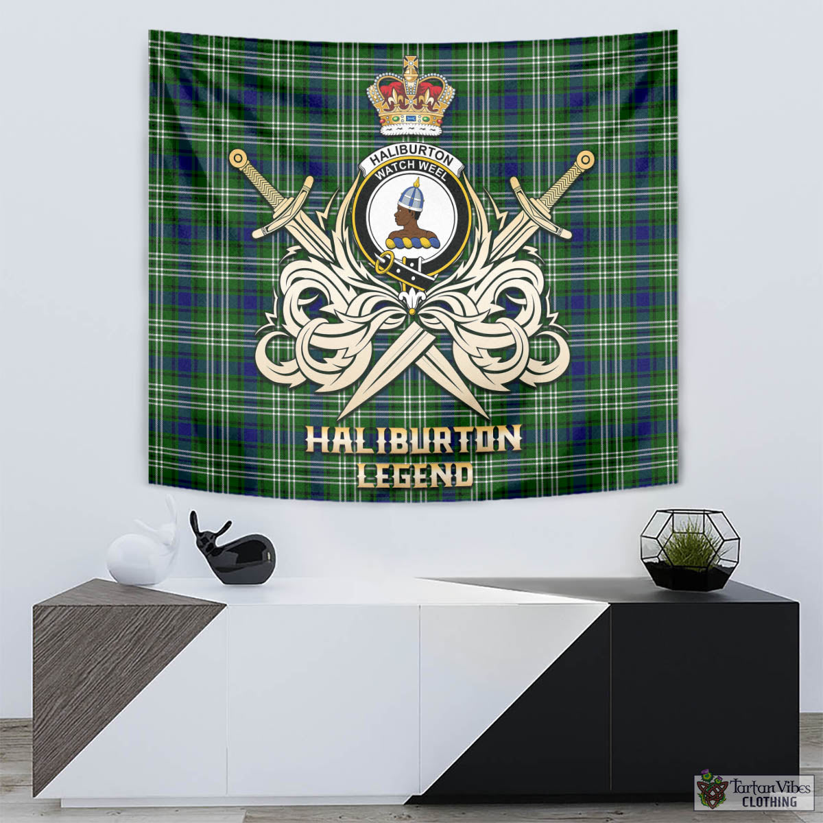 Tartan Vibes Clothing Haliburton Tartan Tapestry with Clan Crest and the Golden Sword of Courageous Legacy