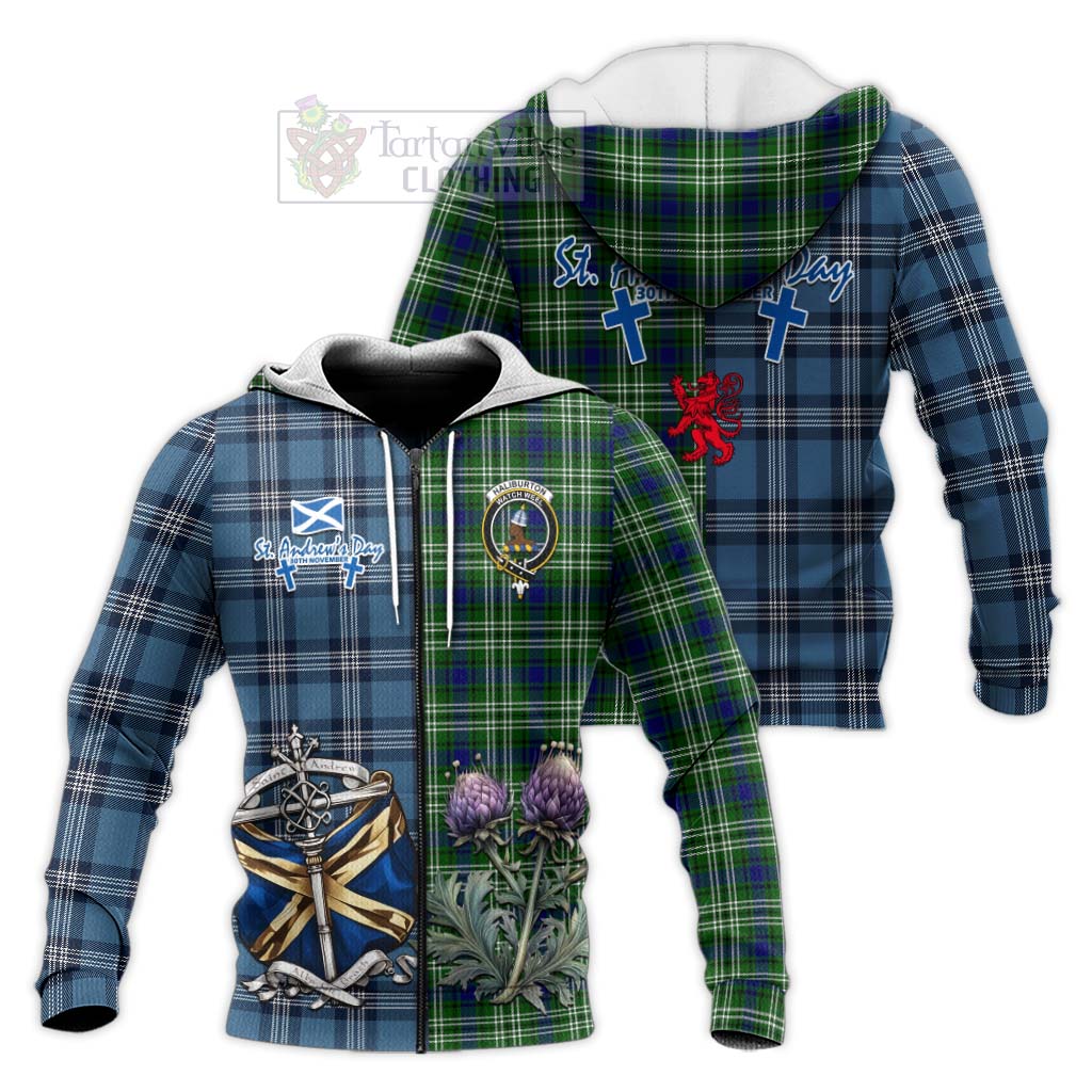 Tartan Vibes Clothing Haliburton Tartan Knitted Hoodie Happy St. Andrew's Day Half Tartan Style