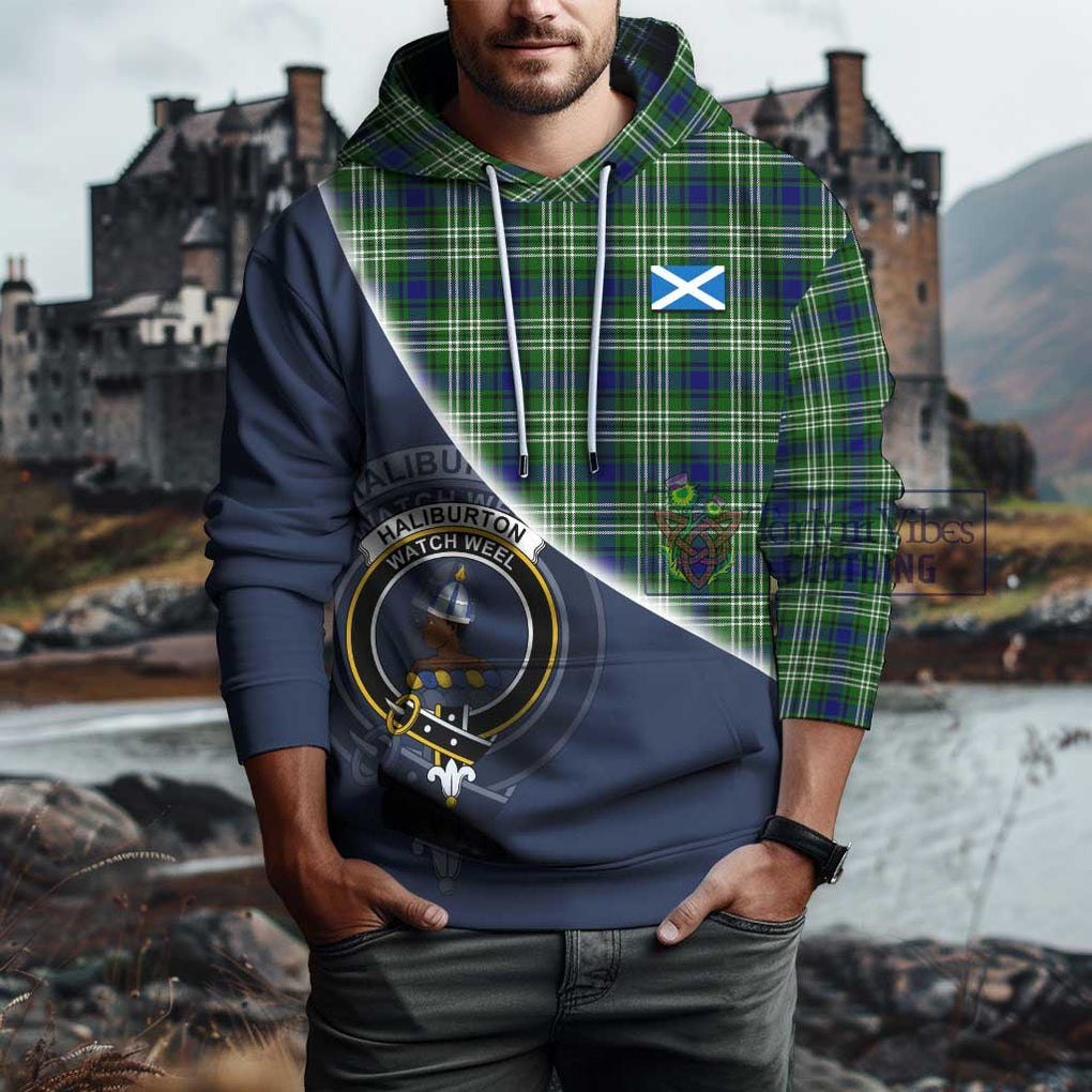 Haliburton Tartan Hoodie with Personalised National Flag and Family Crest Half Style - Tartanvibesclothing Shop