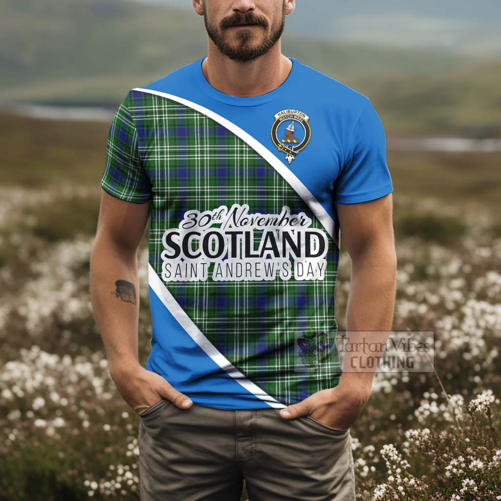 Tartan Vibes Clothing Haliburton Family Crest Tartan T-Shirt Celebrate Saint Andrew's Day in Style