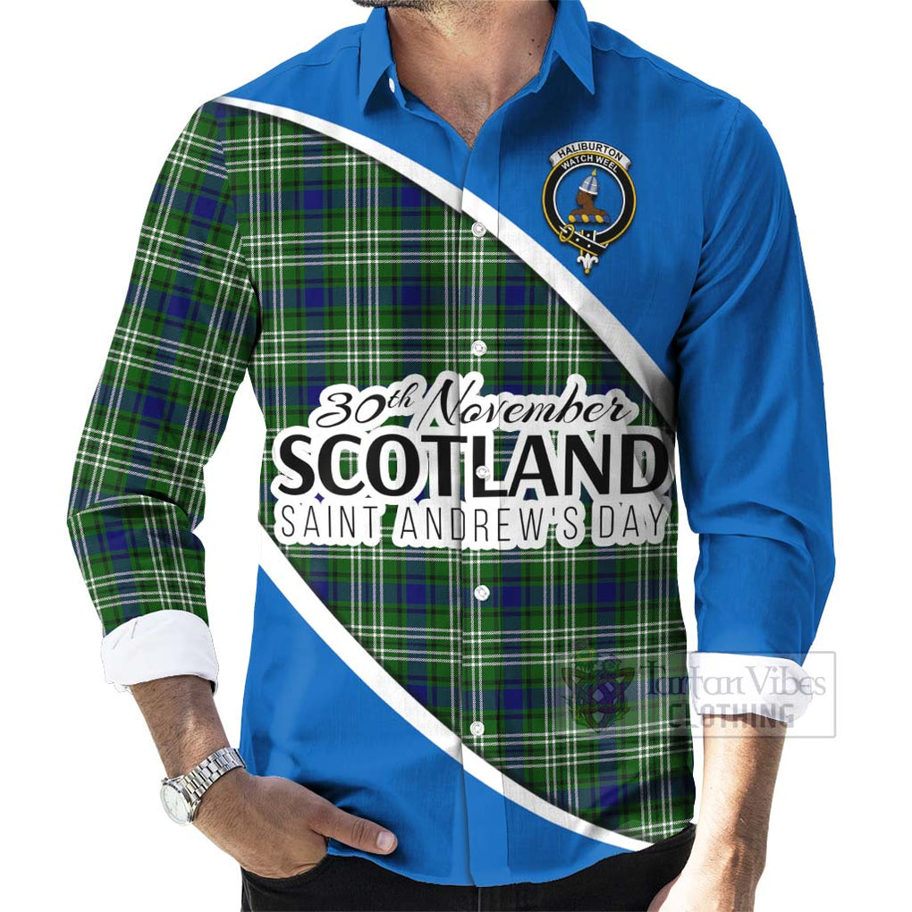 Tartan Vibes Clothing Haliburton Family Crest Tartan Long Sleeve Button Shirt Celebrate Saint Andrew's Day in Style