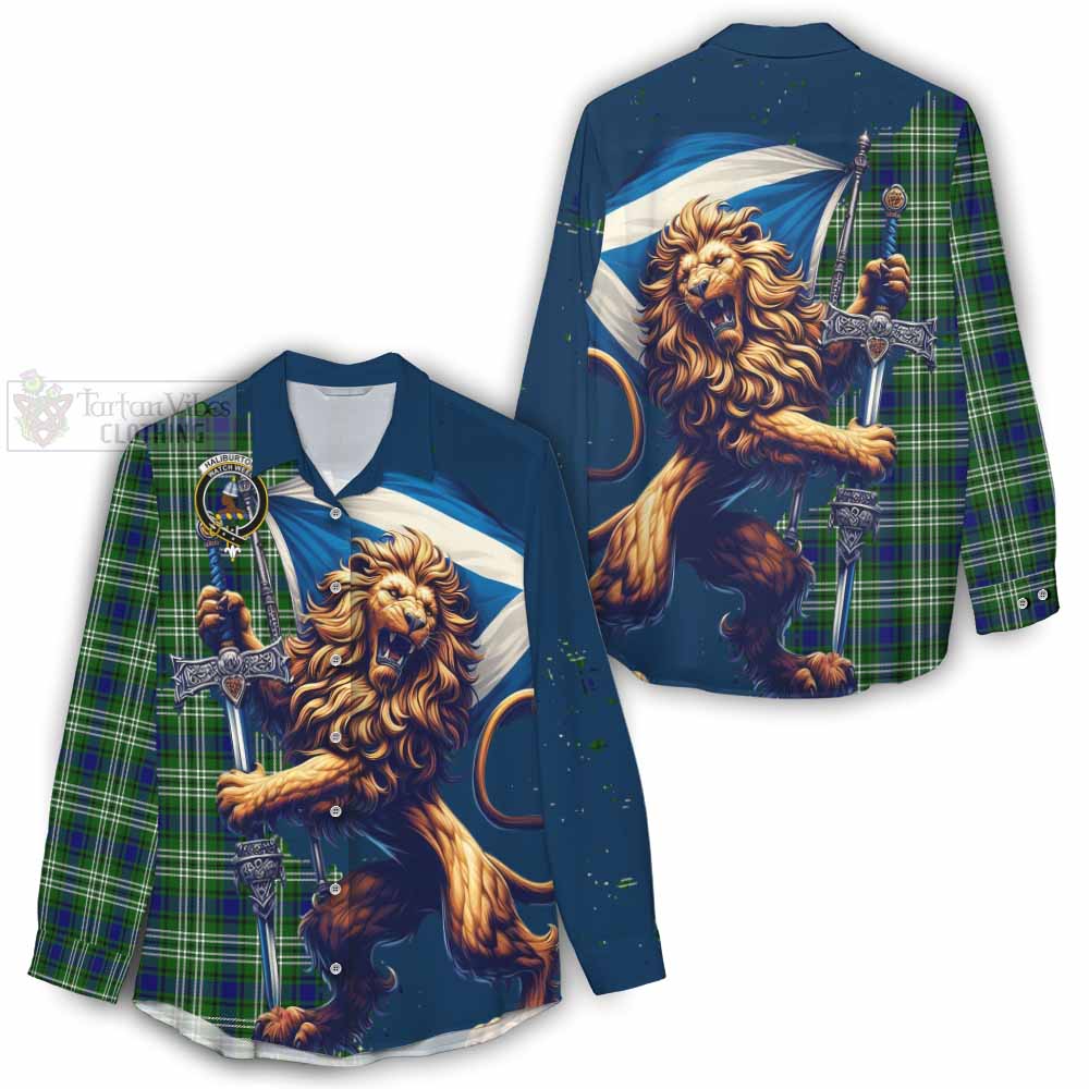 Tartan Vibes Clothing Haliburton Tartan Family Crest Women's Casual Shirt with Scottish Majestic Lion