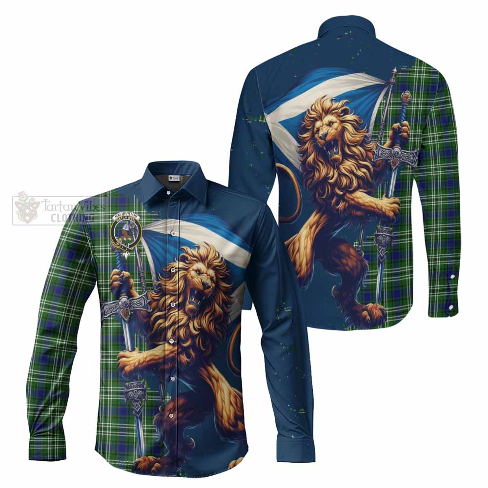 Tartan Vibes Clothing Haliburton Tartan Family Crest Long Sleeve Button Shirt with Scottish Majestic Lion