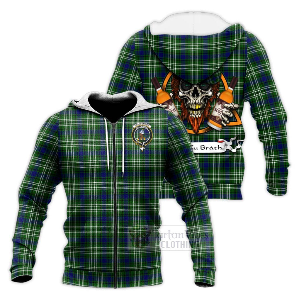 Tartan Vibes Clothing Haliburton Tartan Knitted Hoodie with Family Crest and Bearded Skull Holding Bottles of Whiskey