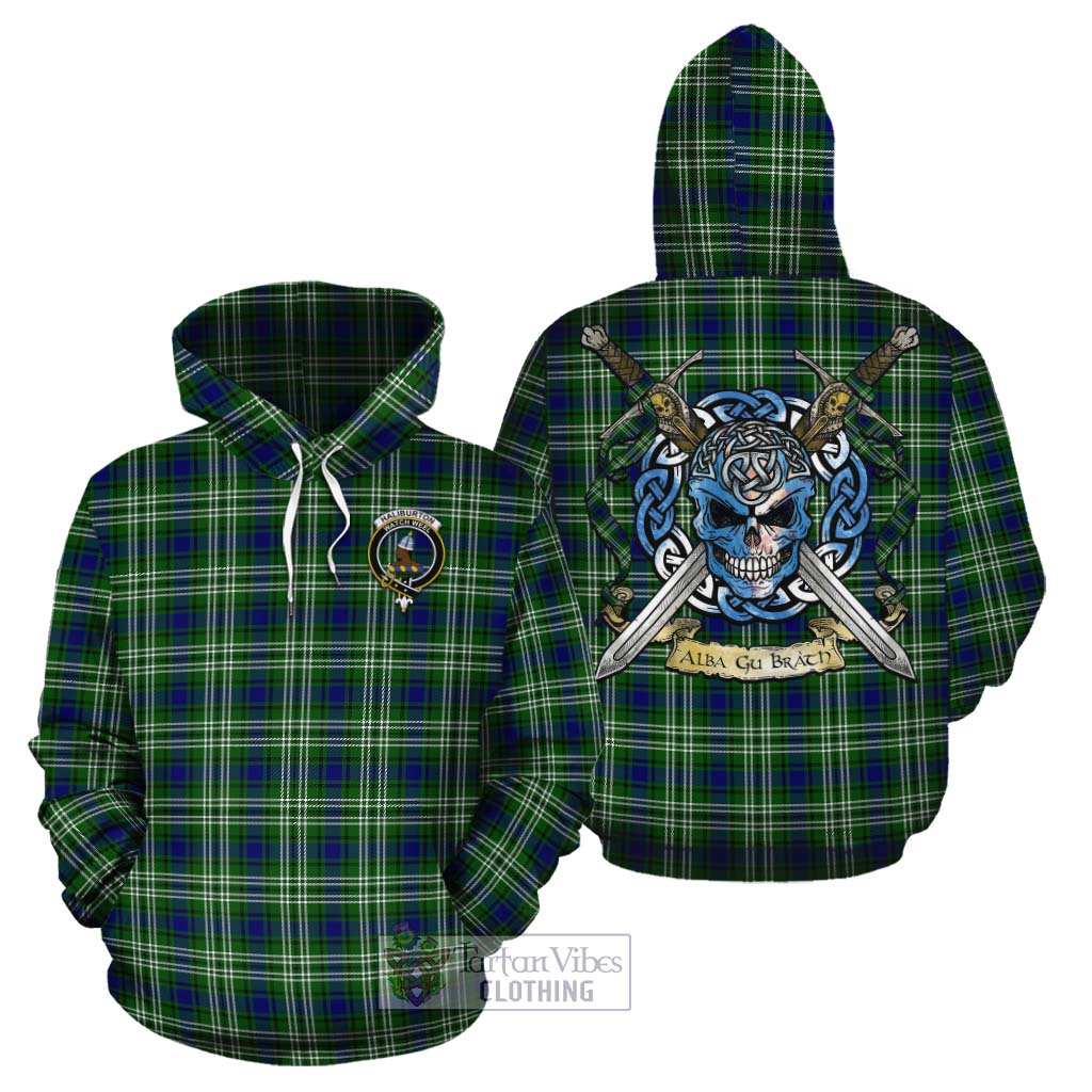 Tartan Vibes Clothing Haliburton Tartan Cotton Hoodie with Family Crest Celtic Skull Style