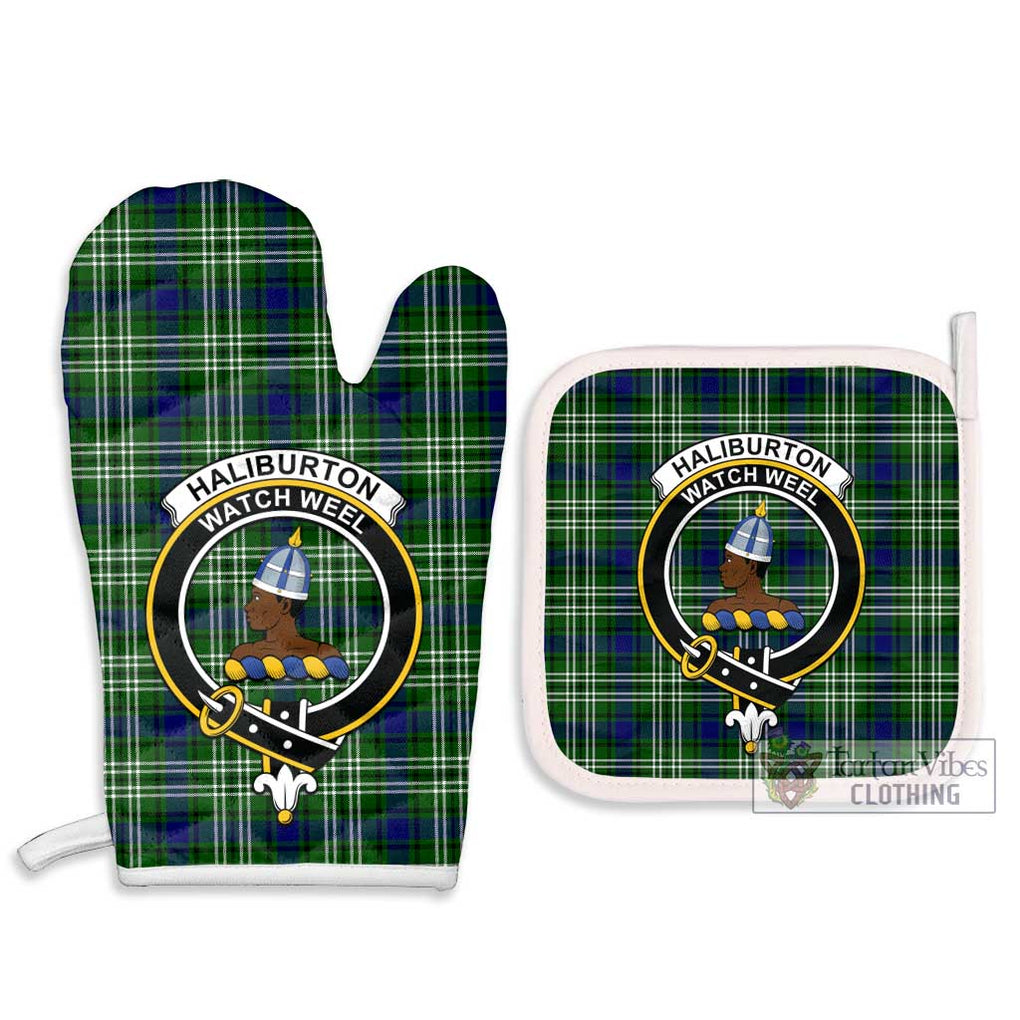 Haliburton Tartan Combo Oven Mitt & Pot-Holder with Family Crest Combo 1 Oven Mitt & 2 Pot-Holder White - Tartan Vibes Clothing