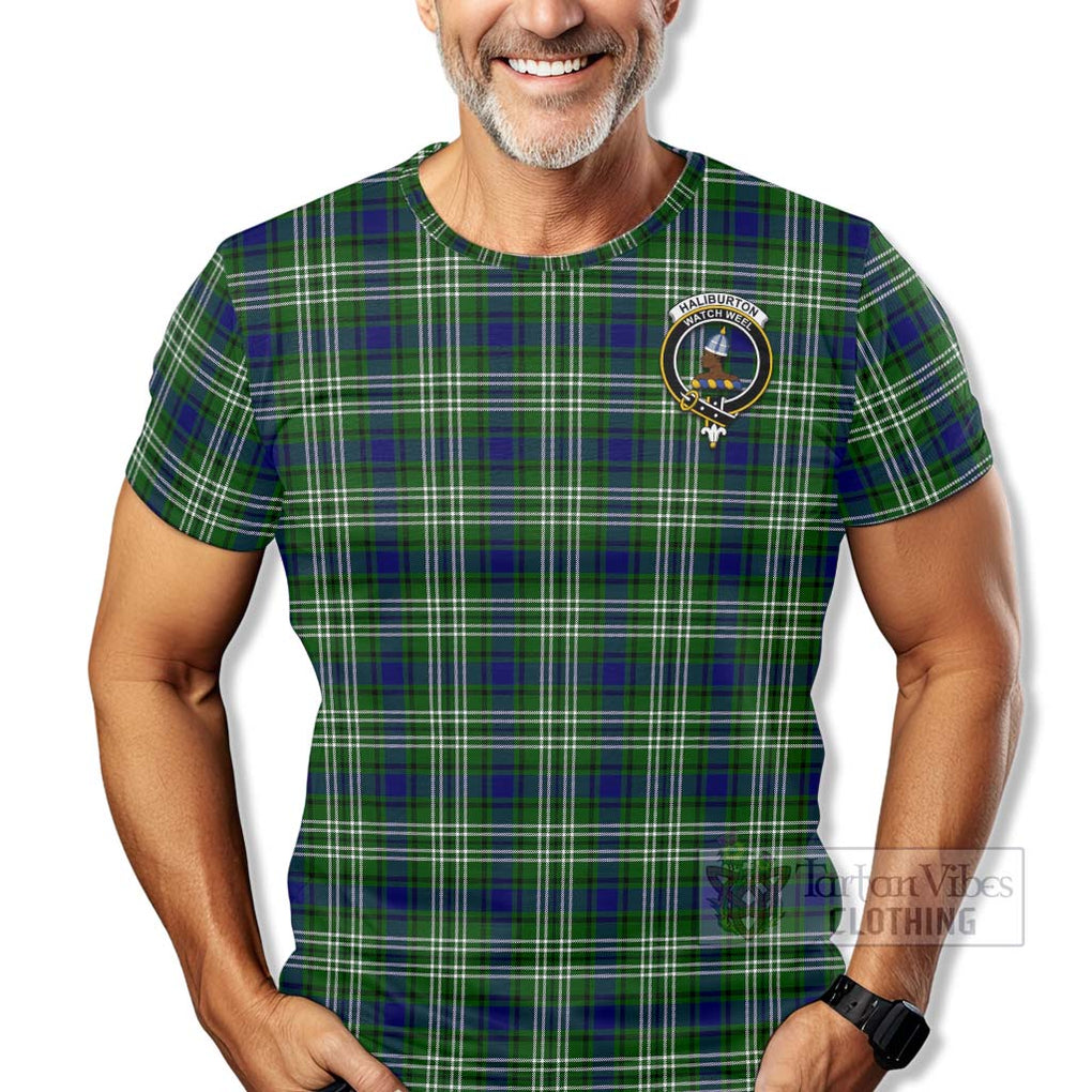 Tartan Vibes Clothing Haliburton Tartan T-Shirt with Family Crest Celtic Skull Style