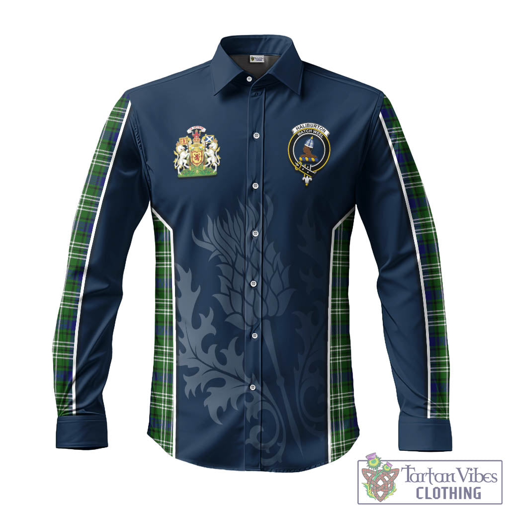 Tartan Vibes Clothing Haliburton Tartan Long Sleeve Button Up Shirt with Family Crest and Scottish Thistle Vibes Sport Style