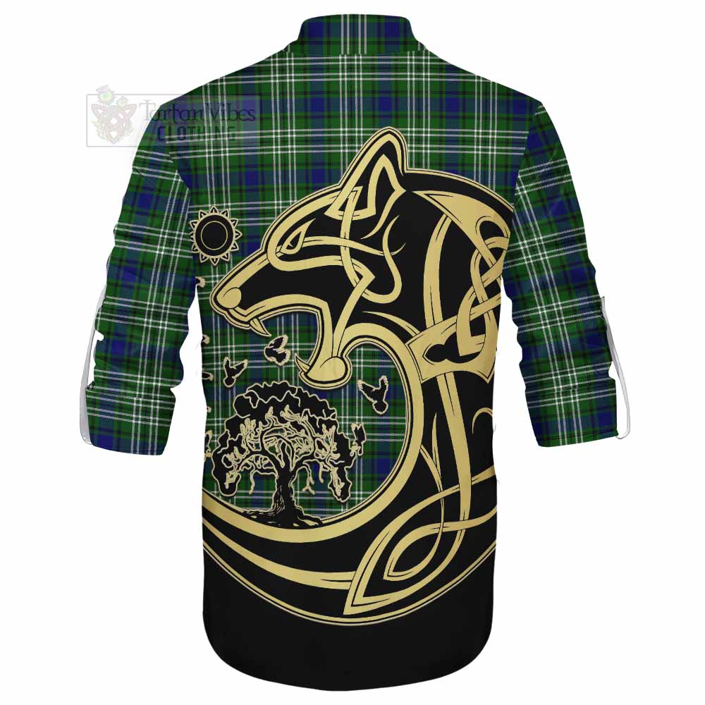 Tartan Vibes Clothing Haliburton Tartan Ghillie Kilt Shirt with Family Crest Celtic Wolf Style