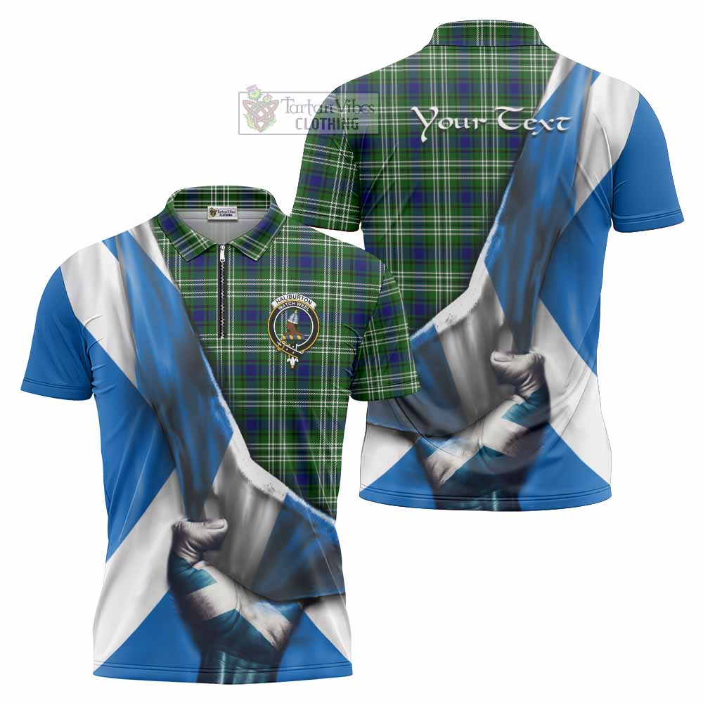 Tartan Vibes Clothing Haliburton Tartan Zipper Polo Shirt with Family Crest Scotland Patriotic Style