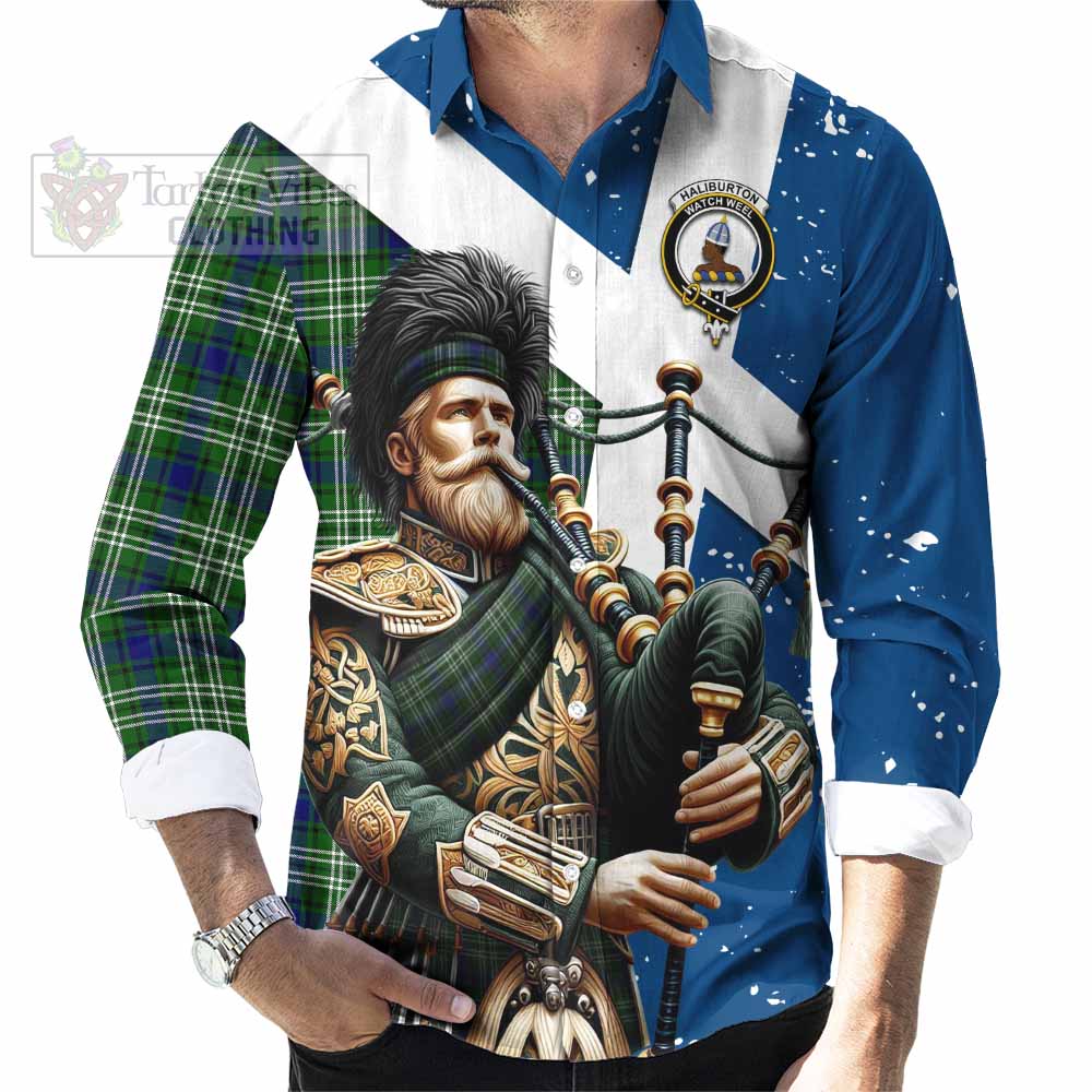 Tartan Vibes Clothing Haliburton Tartan Long Sleeve Button Shirt with Family Crest Scottish Bagpiper Vibes