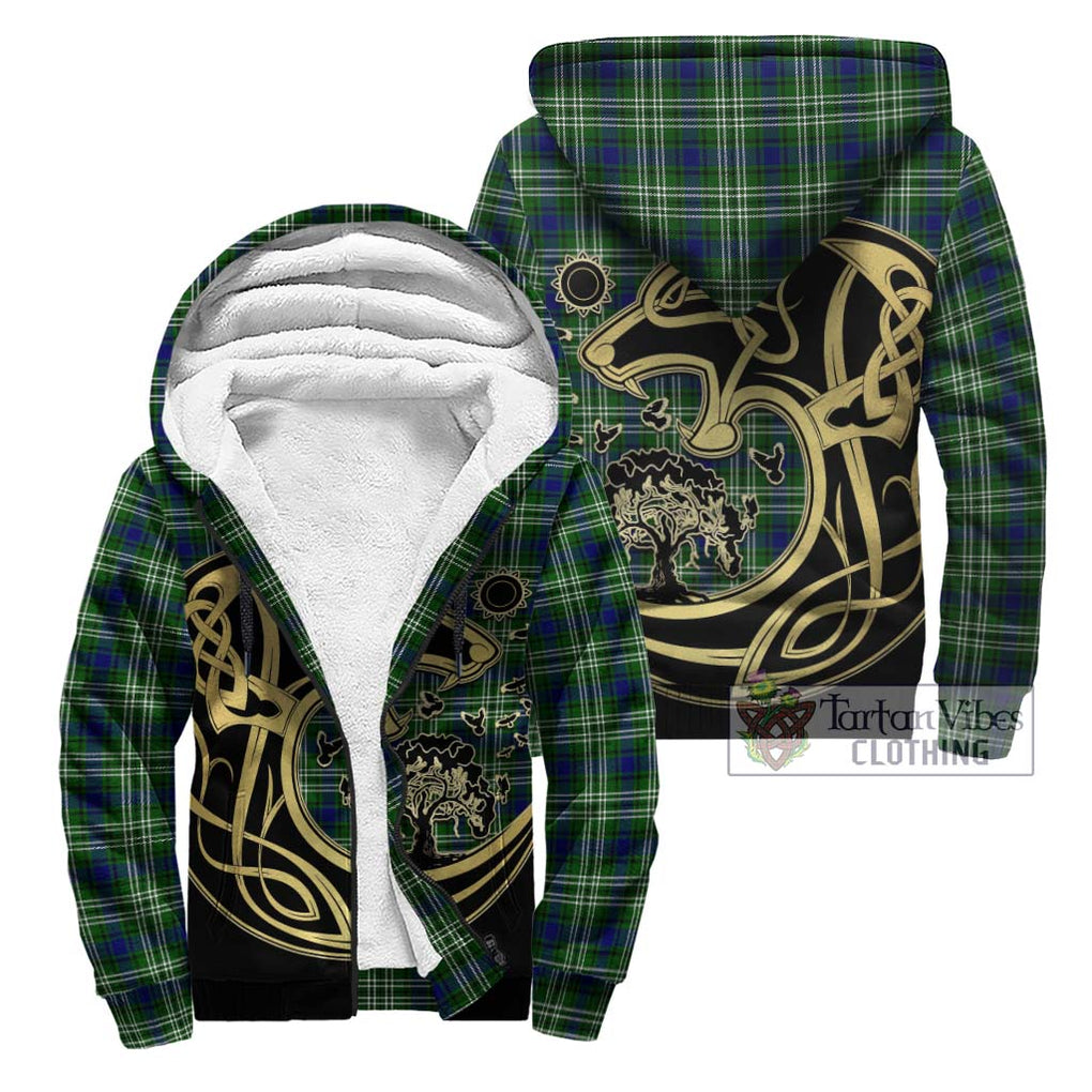 Haliburton Tartan Sherpa Hoodie with Family Crest Celtic Wolf Style Unisex - Tartan Vibes Clothing