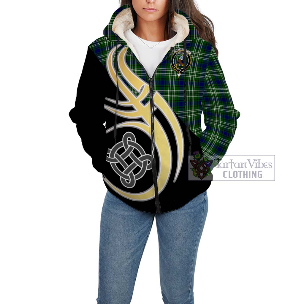 Haliburton Tartan Sherpa Hoodie with Family Crest and Celtic Symbol Style Unisex - Tartan Vibes Clothing