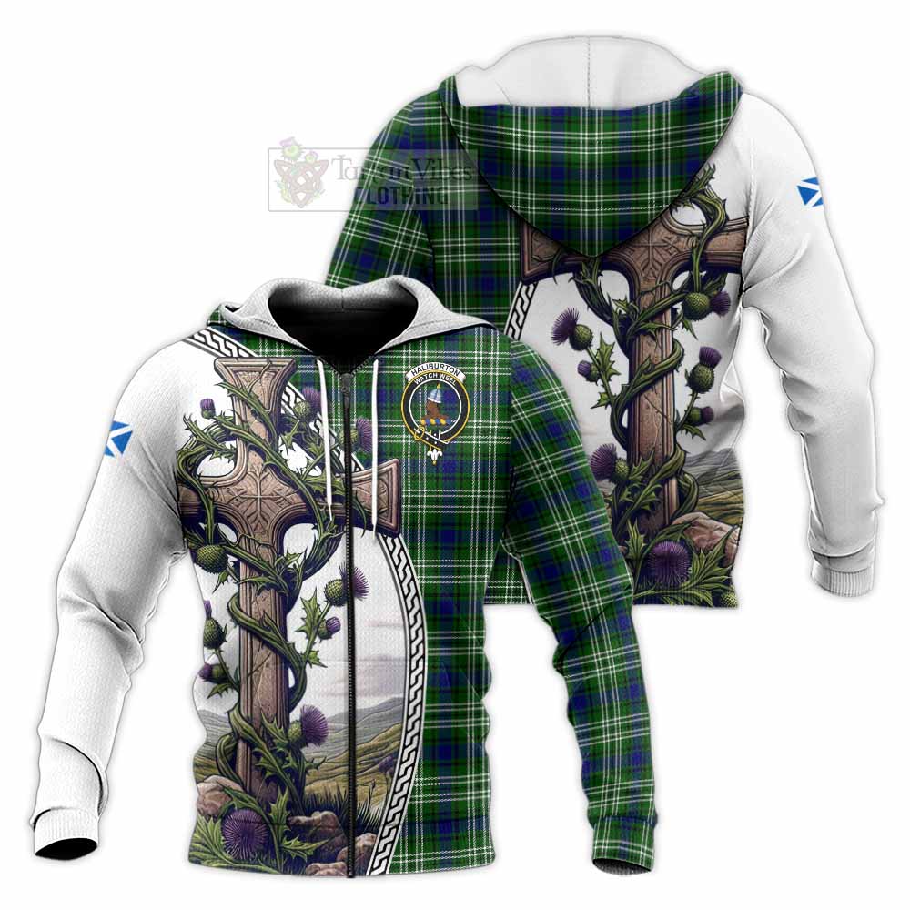 Tartan Vibes Clothing Haliburton Tartan Knitted Hoodie with Family Crest and St. Andrew's Cross Accented by Thistle Vines