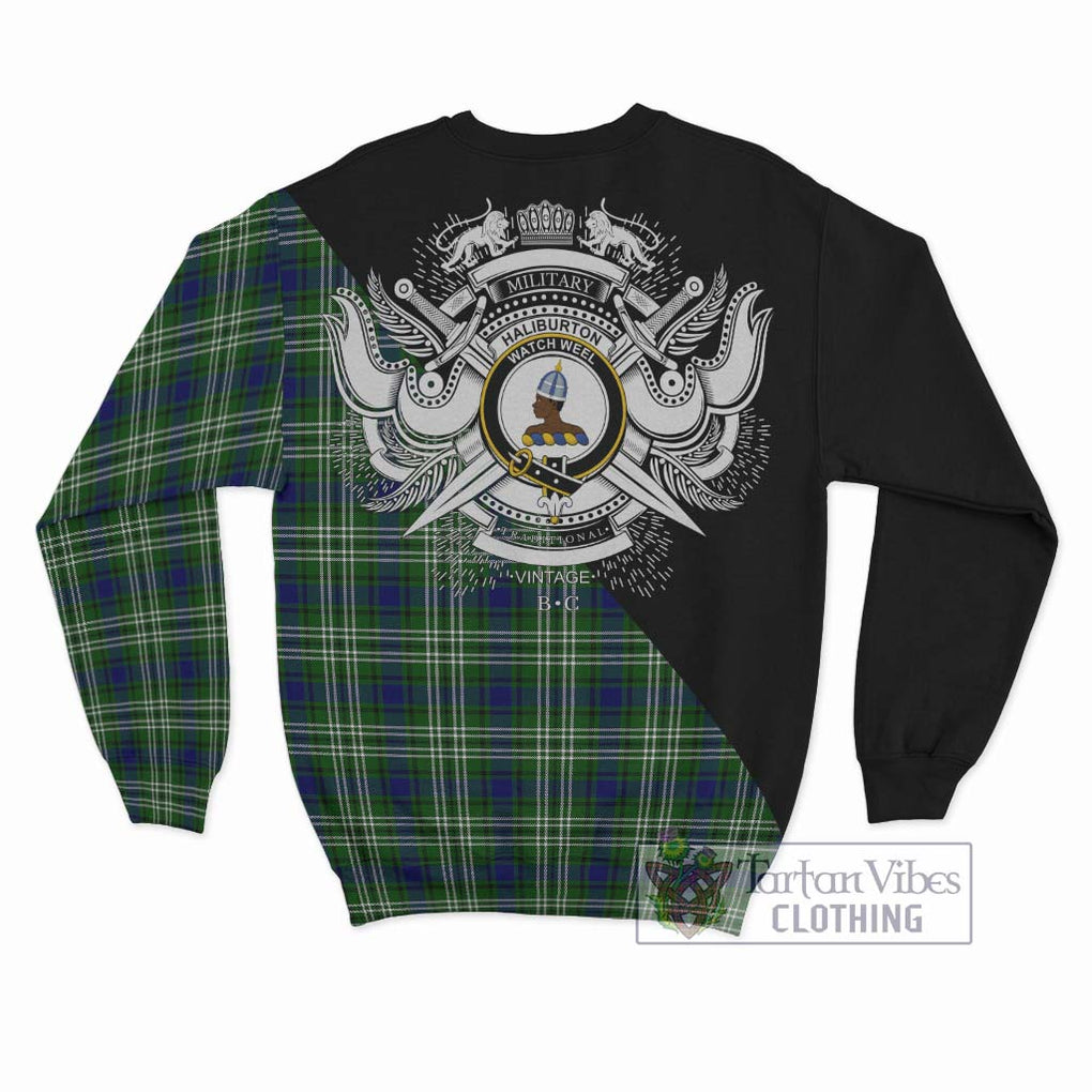 Haliburton Tartan Sweatshirt with Family Crest and Military Logo Style - Tartanvibesclothing Shop