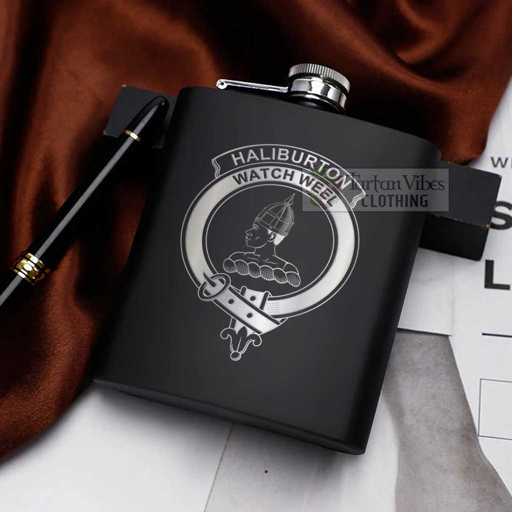 Tartan Vibes Clothing Haliburton Crest Hip Flask Set 7oz Black Stainless Steel with A Gift Box