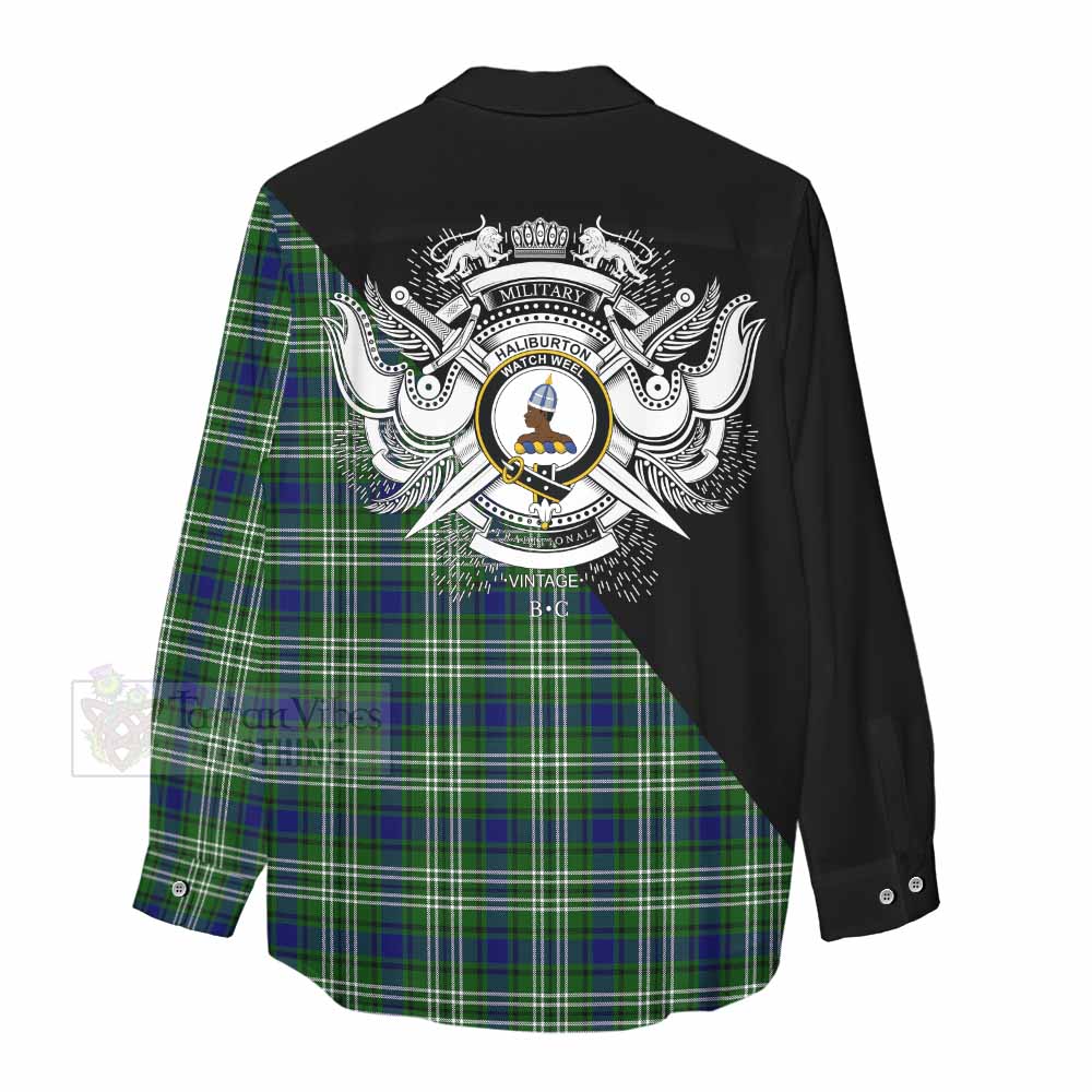 Tartan Vibes Clothing Haliburton Tartan Women's Casual Shirt with Family Crest and Military Logo Style