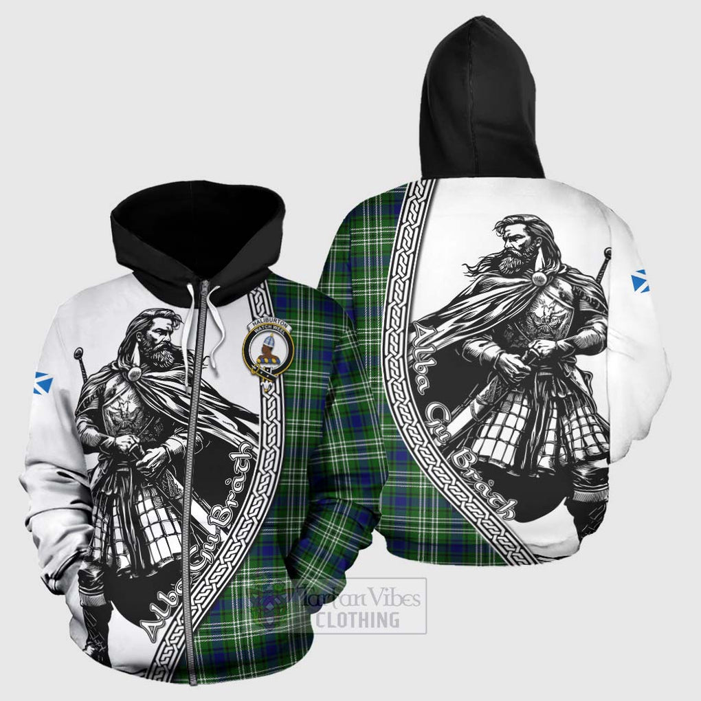 Tartan Vibes Clothing Haliburton Tartan Clan Crest Hoodie with Highlander Warrior Celtic Style