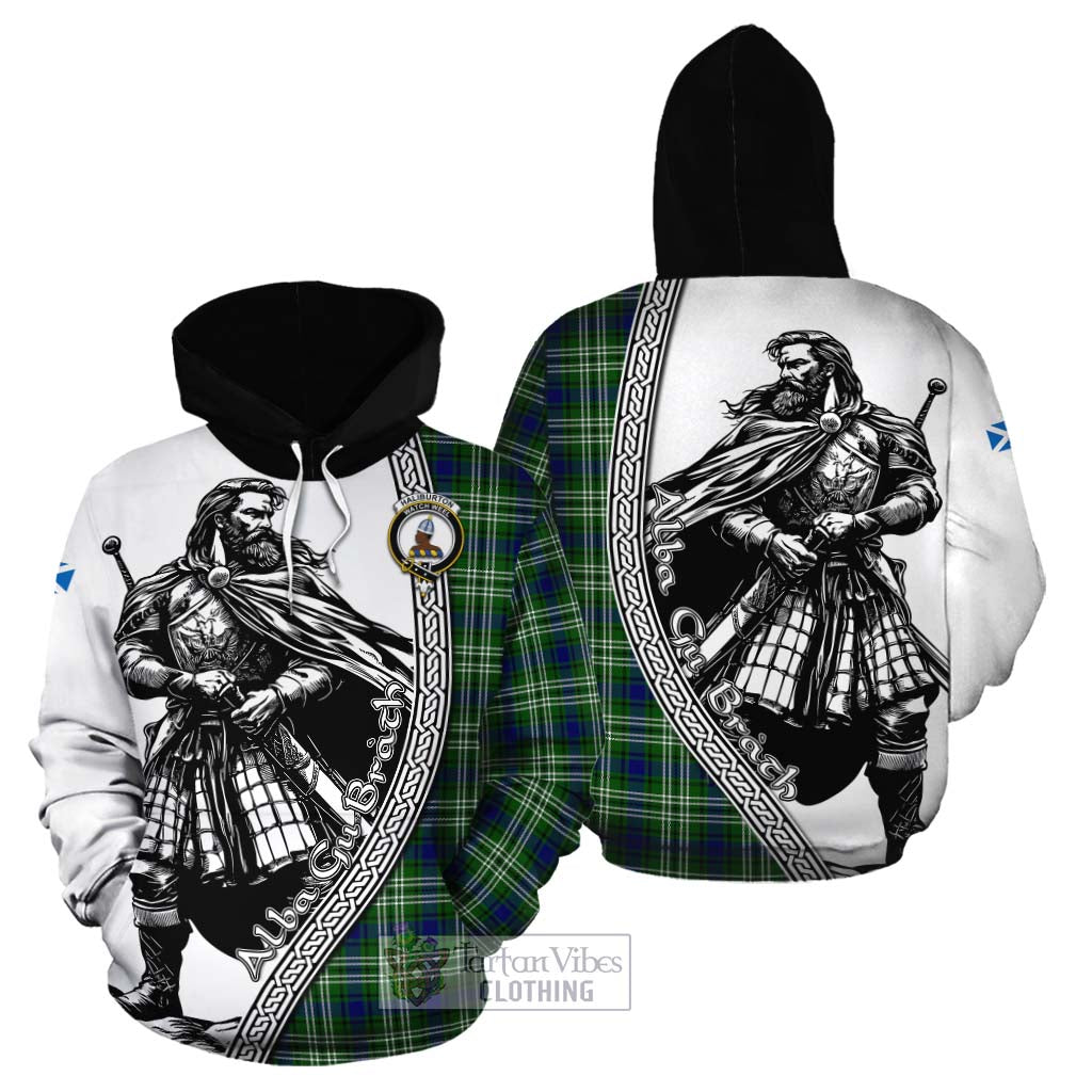 Tartan Vibes Clothing Haliburton Tartan Clan Crest Cotton Hoodie with Highlander Warrior Celtic Style