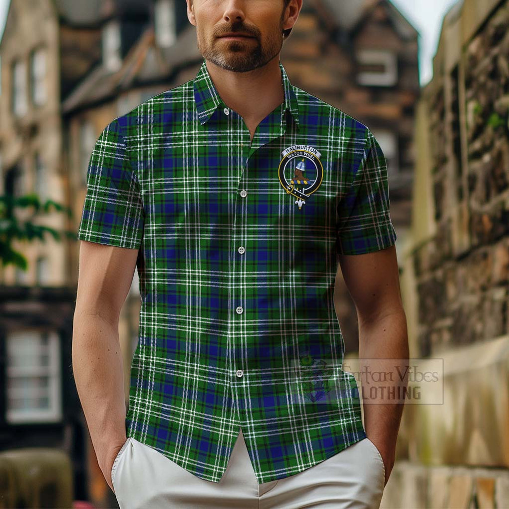 Tartan Vibes Clothing Haliburton Tartan Short Sleeve Button Shirt with Family Crest Celtic Skull Style