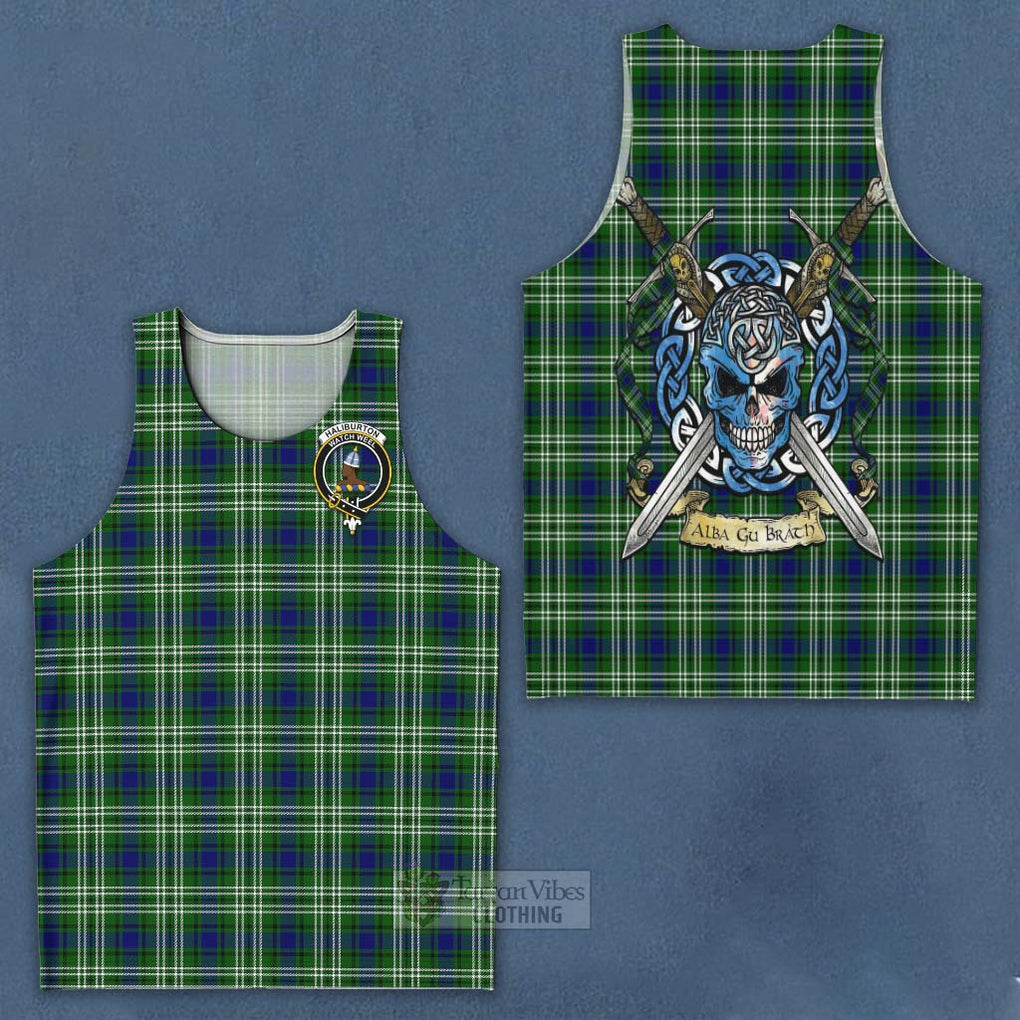 Tartan Vibes Clothing Haliburton Tartan Men's Tank Top with Family Crest Celtic Skull Style