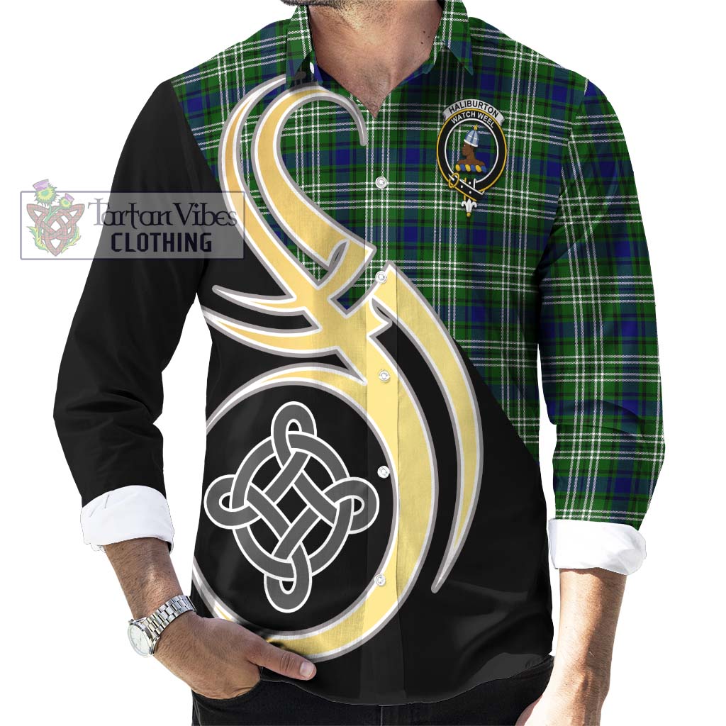 Haliburton Tartan Long Sleeve Button Shirt with Family Crest and Celtic Symbol Style - Tartan Vibes Clothing