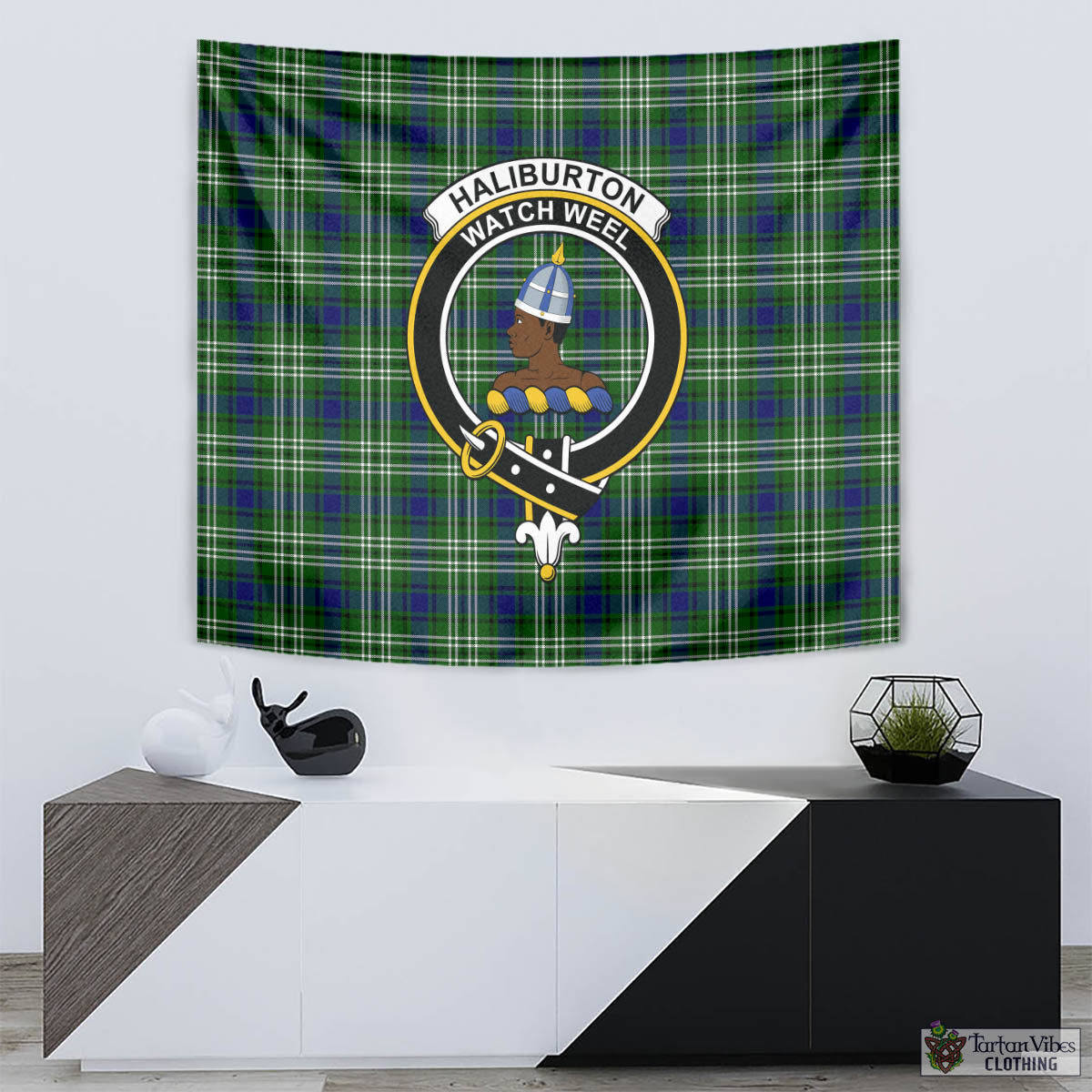 Tartan Vibes Clothing Haliburton Tartan Tapestry Wall Hanging and Home Decor for Room with Family Crest