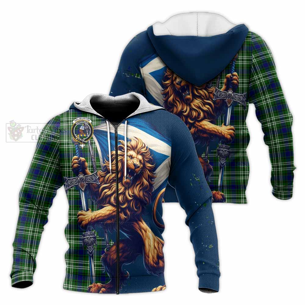 Tartan Vibes Clothing Haliburton Tartan Family Crest Knitted Hoodie with Scottish Majestic Lion