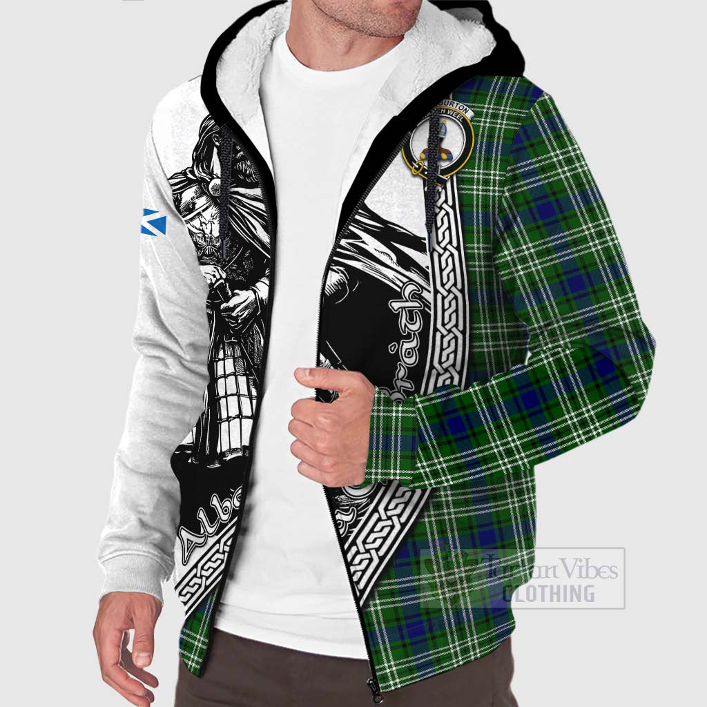 Tartan Vibes Clothing Haliburton Tartan Clan Crest Sherpa Hoodie with Highlander Warrior Celtic Style